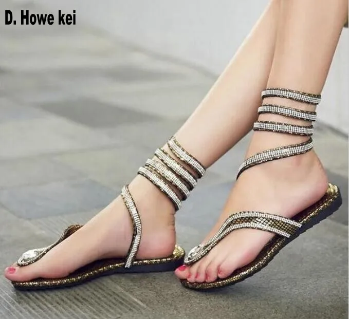 

plus size 41 2018 new fashion women sandals woman rhinestone Gladiator Sandal shoes Snake Flat with Summer Shoes for female