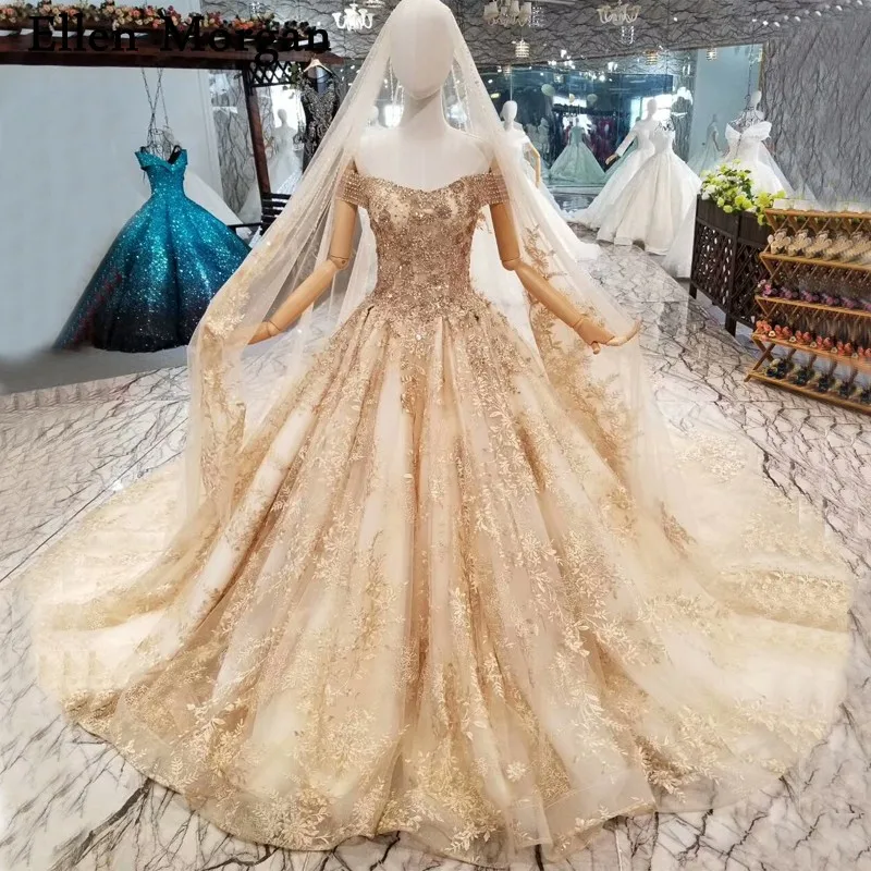 

Off Shoulder Gold Lace Ball Gowns Wedding Dresses 2019 Custom Made Real Photos Beaded Corset for Women Bridal Gowns with Veils