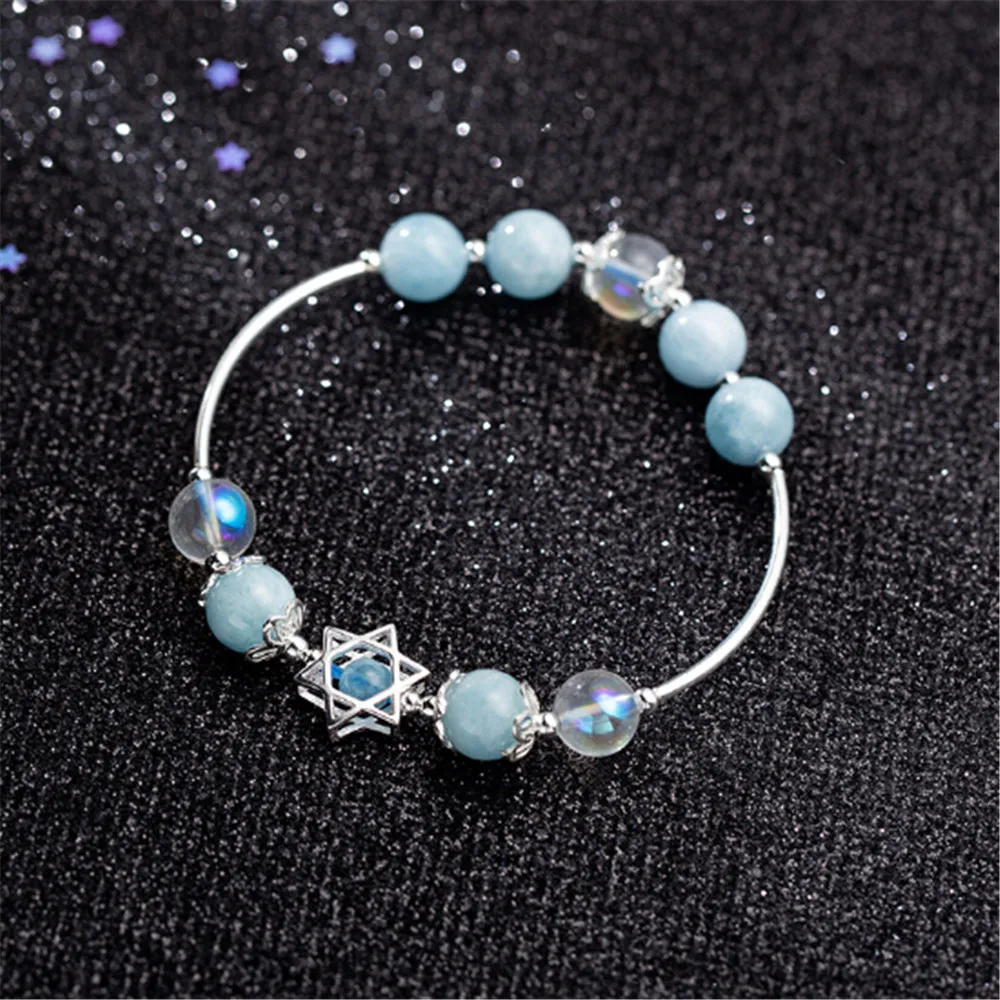 

Moonstone Sea Blue Gem Stone Hexagram Star Bracelet Pure S925 Silver Handmade Bracelets Sweet Girl Silver Jewelry Gift Dropship