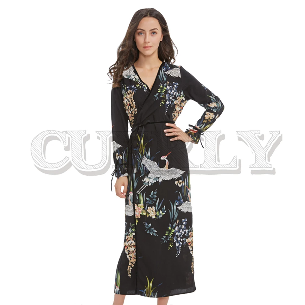 

CUERLY flower crane pattern maxi wrap dress v neck retro sashes bow tie long sleeve vintage bird chic long loose casual Vestidos