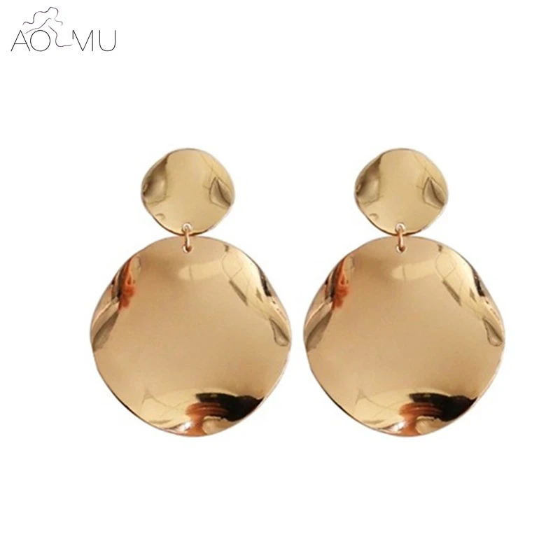 

AOMU Simple Design Double Round Circle Link Chain Statement Metal Tassel Long Earrings For Women Stud Earrings 2017 New Bijoux