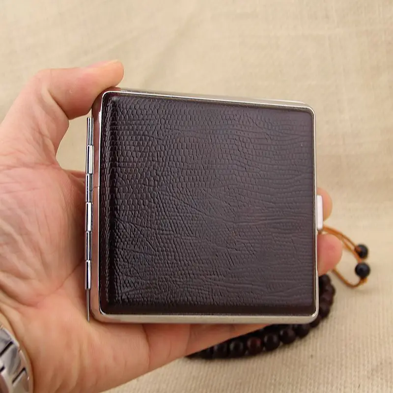 

Men's Creative 20 Sticks Leather Cigarette Case with Rubber Band Brown Case Holder Metal Leather Holds Cigarette Box