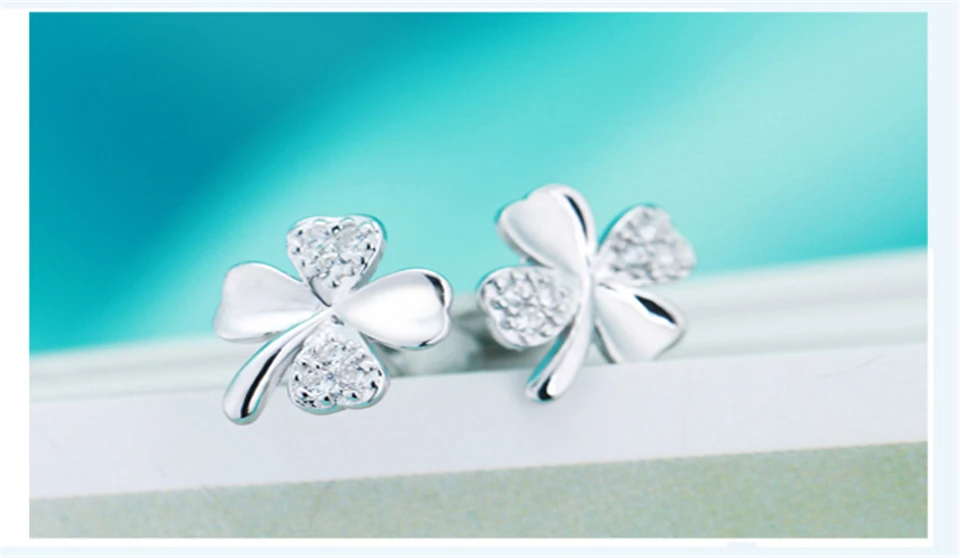 b PISSENLIT Women Jewelry White Rhinestone Stud Earrings pendientes mujer moda 2019 New Silver Clover Wedding Stud Earring brincos