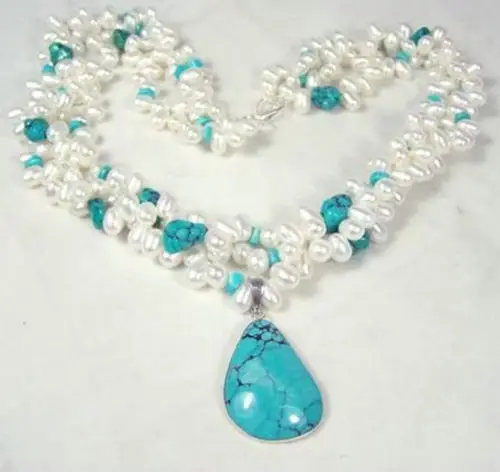 

FREE SHIPPING NEW Charming 3 row White Pearl &Turquoise Necklace # HOT sell