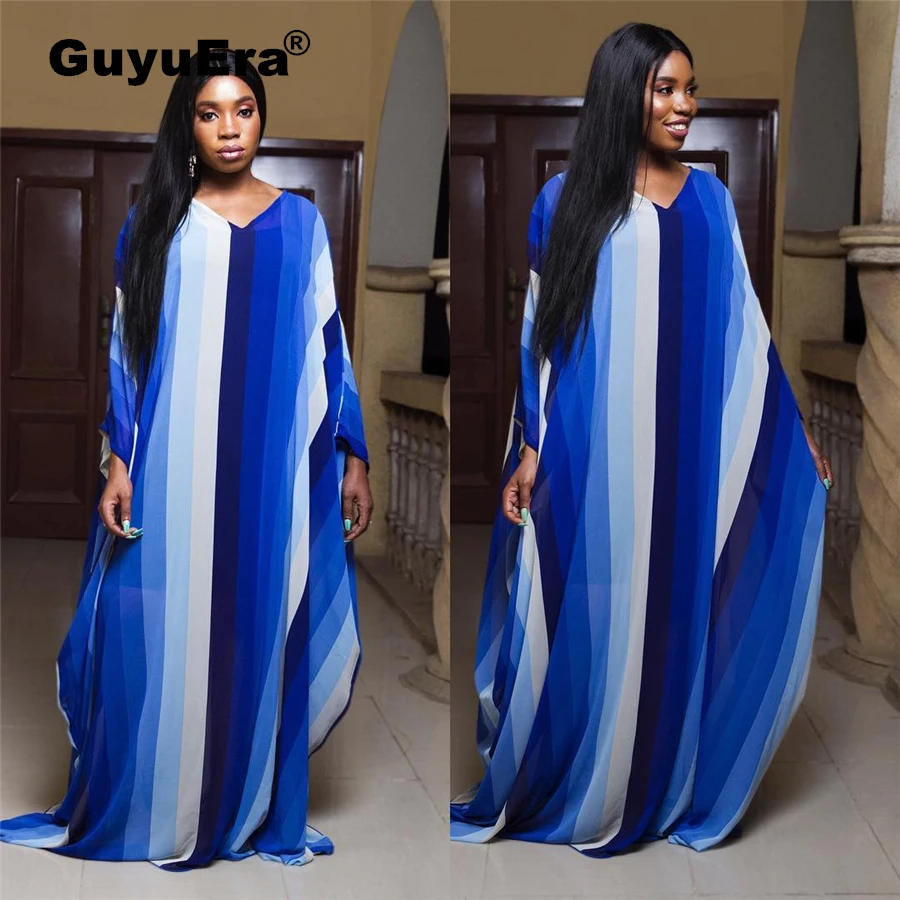 

GuyuEra New Arrival African African Dresses For Womne Best Selling Gradient Stripe Print Loose Large Swing Dress Plus Size S-XL