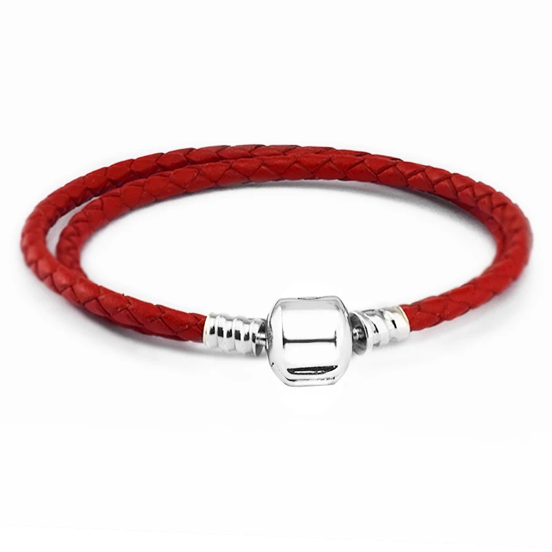 

Genuine 925 Sterling-Silver-Jewelry Bracelets for Women DIY Beads Jewelry Making Red Leather Bracelet with Silver Barrel Clasp