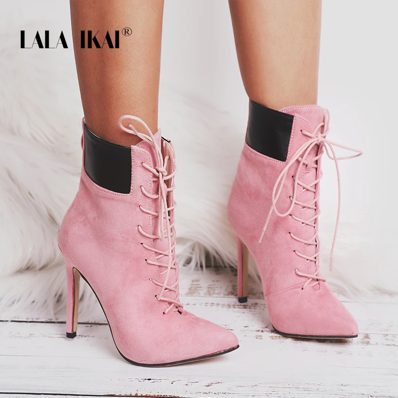 

LALA IKAI Women Suede PU Leather Ankle Boots Heel Plus Size Pointed Toe Cross-tied Zipper High Heel Ladies Boots 014C2650 -4