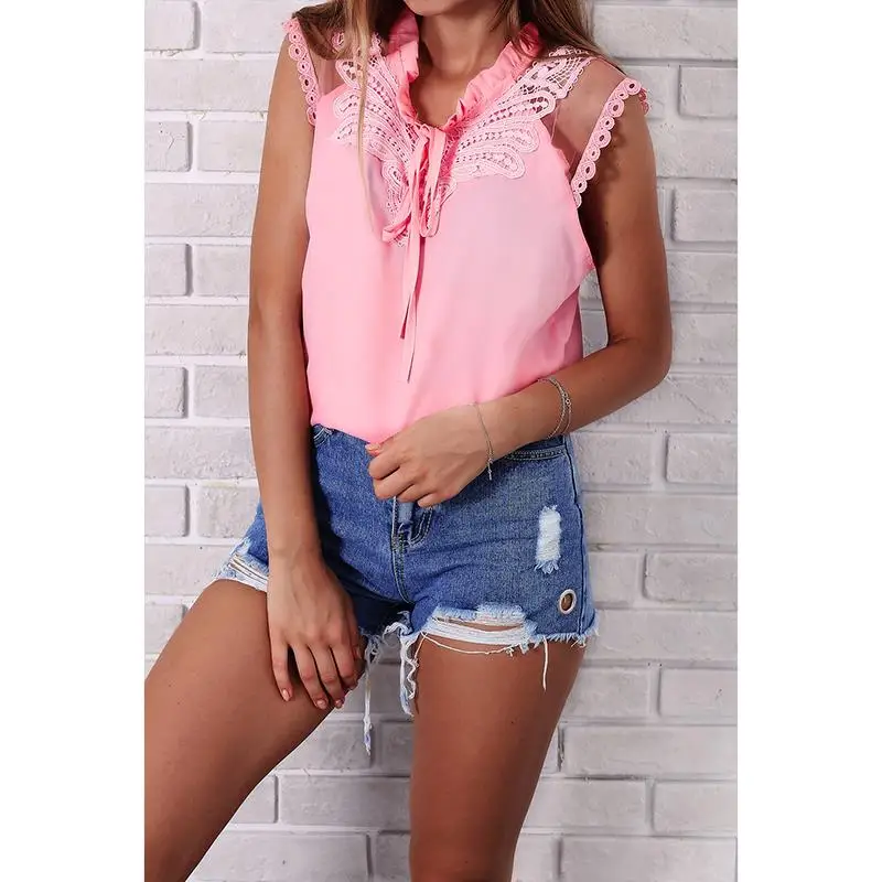 Повседневная Женская рубашка, блузы, сетчатые кружевные лоскутные женские топы, v-образный вырез, одноцветные винтажные рубашки для женщин, летняя блузка, Blusas WS8715M