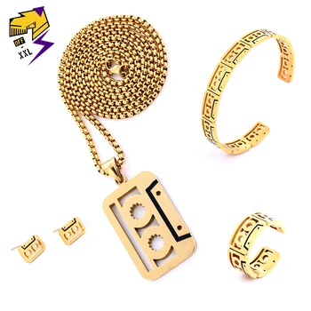 

Trend Stainless Steel Necklace Earrings Ring Bangle Jewelry Sets Tape Pendant Silver Long Chain Punk Bangles Biker Rings Male