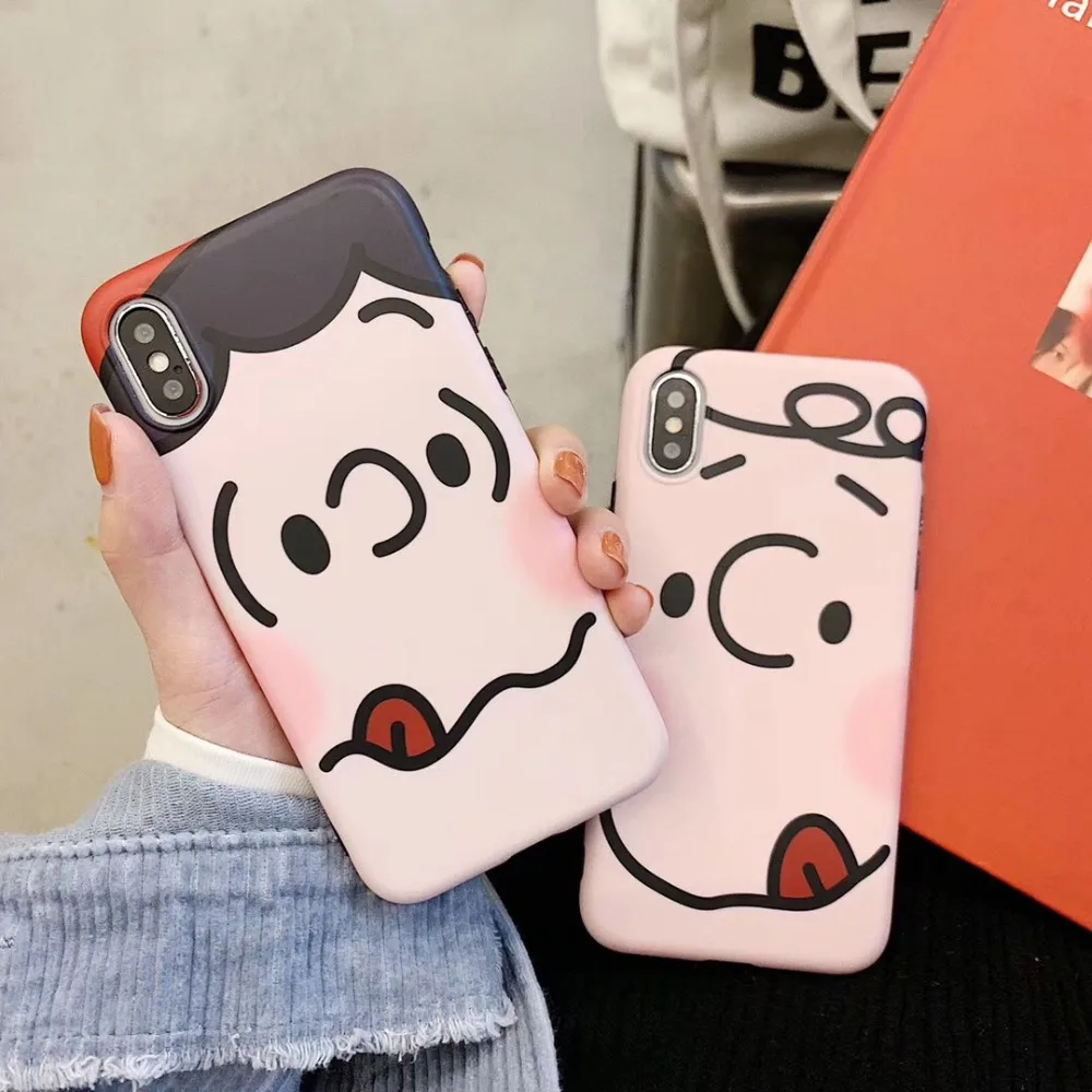 

Japan cute cartoon Charlie Brown Lucy couple phone case For iphone Xs MAX XR X 6 6s 7 8 plus anime shy face silicone back cover