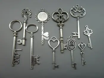 

Wholesale 10pcs Mix Styles Antique Silver Zinc Alloy Key Fashion Charms Pendant