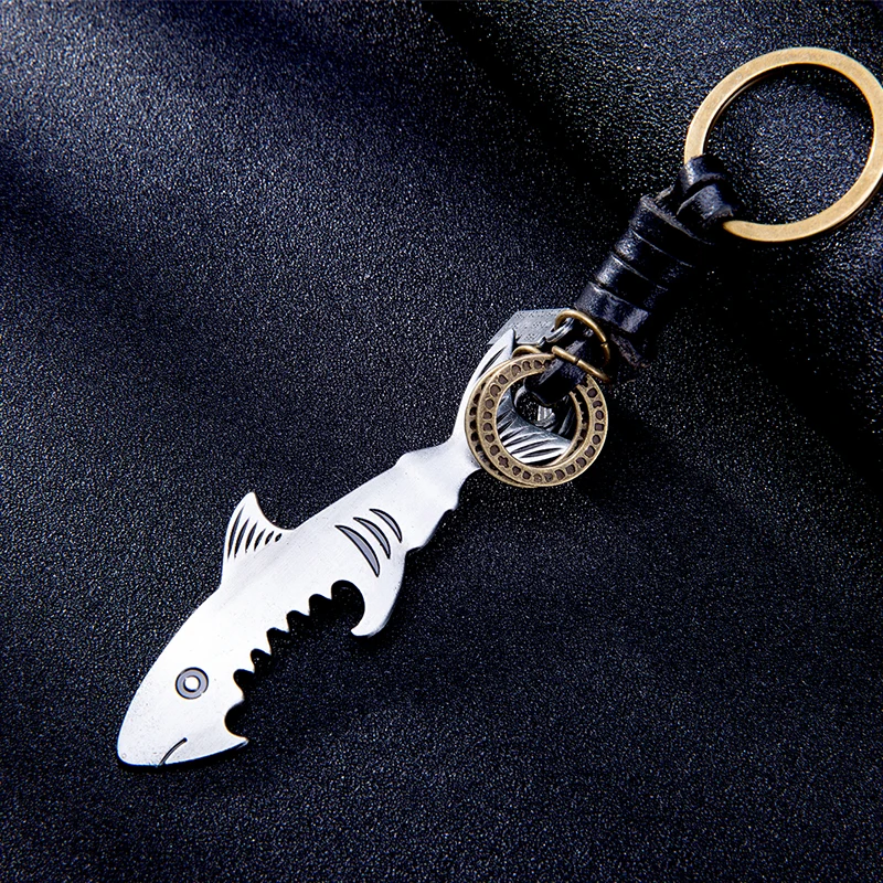 

2019 Hot silver shark bottle opener keychain Alloy multifunction fish corkscrew key chains jewelry New arrived cowhide keyring