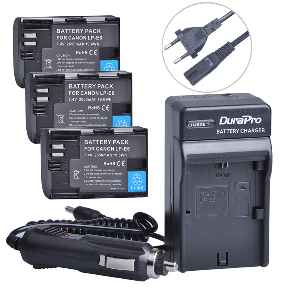 

3pc LP-E6 LP E6 LPE6 LP-E6N Rechargeable Battery+Car Charger+AC Cable For Canon LP-E6 EOS 5DS R 5D Mark II 5D Mark III 6D 7D 80D