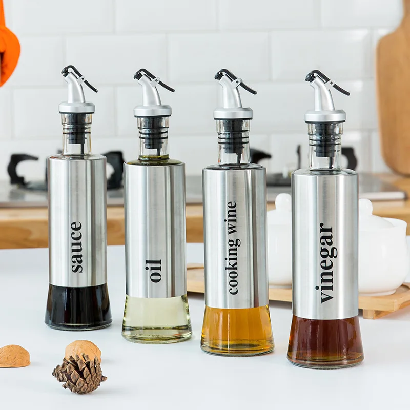 Home Kitchen Glass Oil Pot Creative Stainless Steel Seasoning Bottle Leakproof Soy Sauce Bottle Kitchen Seasoning Set