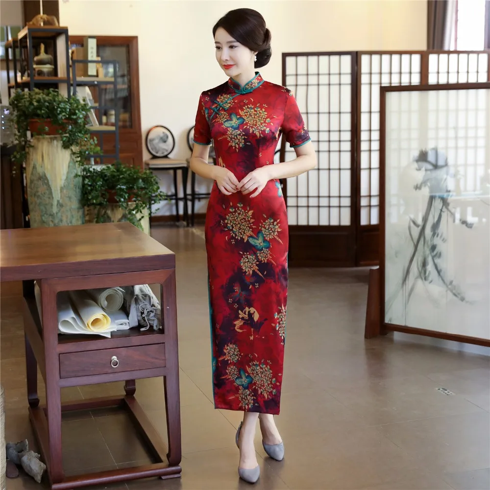 Шанхай история длинный Ципао китайское платье цветок с новогодней елкой, бумажный платье восточное платье китайская женская одежда