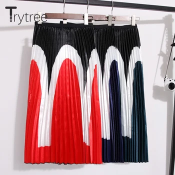 

Trytree Summer Autumn Pleated Skirt Womens 3 Colours Fashion Printed Geometric Skirts Elastic Waist Casual Mid-Calf A-Line Skirt