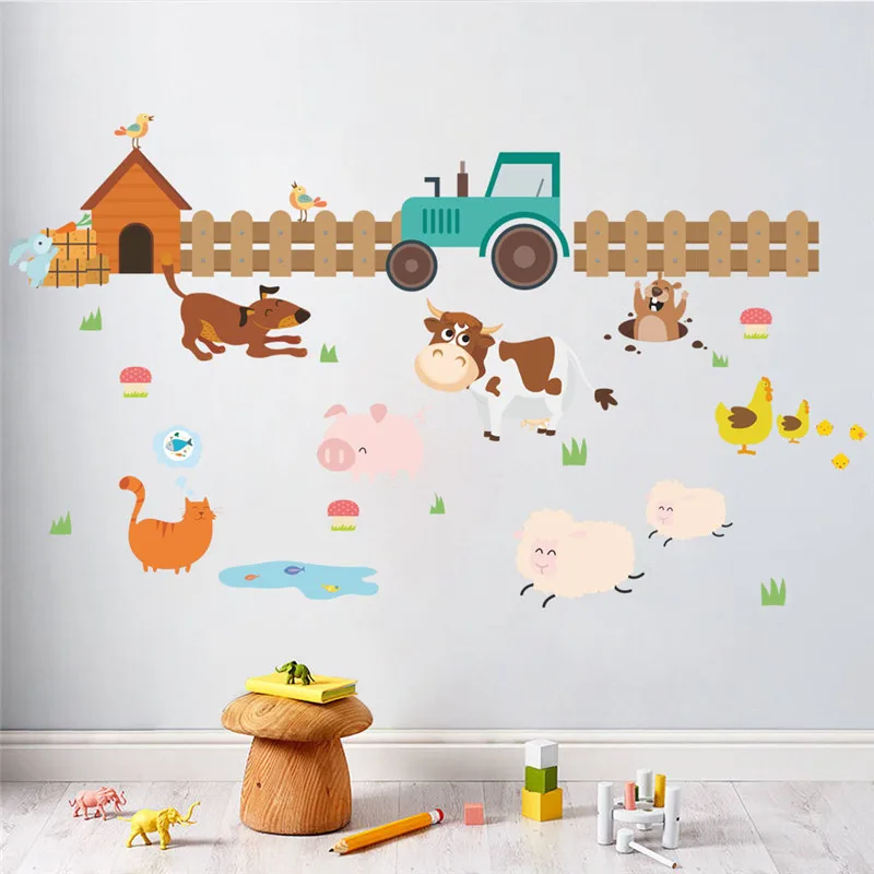 Настенные наклейки для детской комнаты с изображением животных на ферме, забор, скот, собак, домашний декор, ПВХ Наклейки на стены, Diy Фреска, художественные плакаты