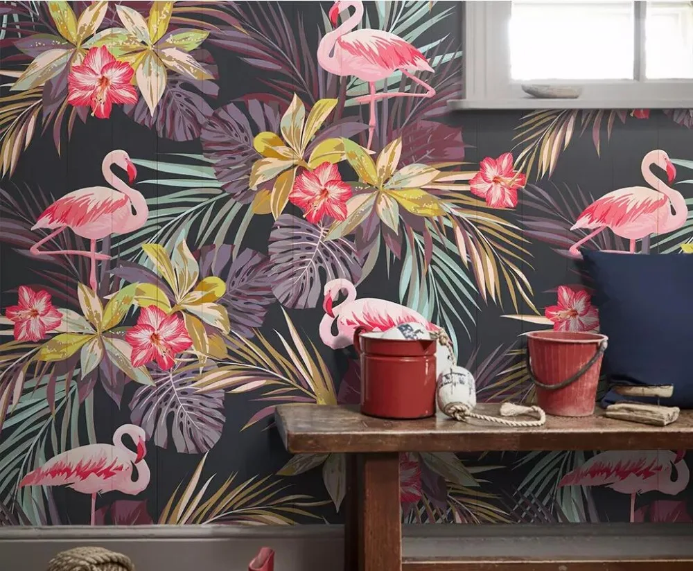 Фламинго тропический растительный фон стены профессионал изготовление росписи на заказ фото обои