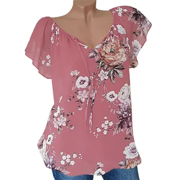 

Summer Women's Floral Print T Shirt Tops Ladies Sexy Lace Up V Neck Loose Tee T Shirt Short Flare Sleeve T-Shirt Plus Size M-2XL