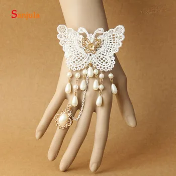 

Gloves with Butter Fly Charming Wedding Glives Short Wrist Length Pearls Bracelet with Ring Gilrs Prom/Cocktail Party Gloves G66