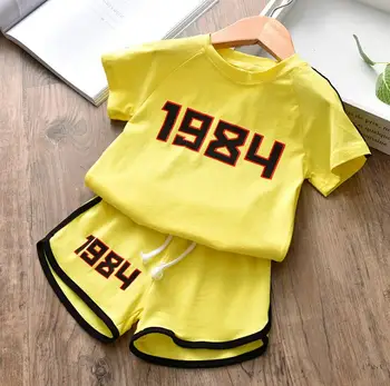

Batch of children's clothing 2019 summer new boys and girls letters short-sleeved T-shirt + sports shorts suit