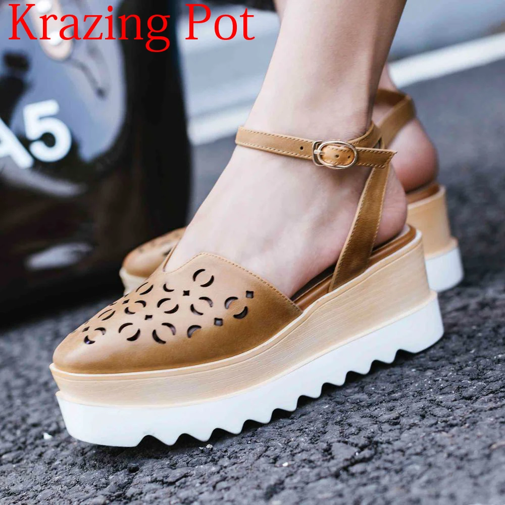 

2019 Genuine Leather Buckle Straps Hollow Decoration Thick Bottom High Heels Summer Office Lady Platform Sexy Wedge Sandals L59