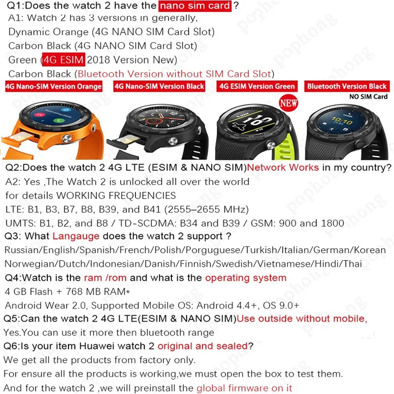 Оригинальные Смарт часы Huawei Watch 2 с глобальной прошивкой поддержка LTE 4G/bluetooth