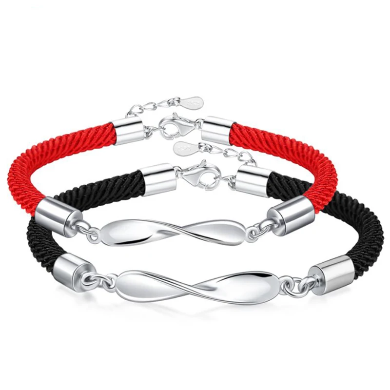 

KOFSAC New Fashion 925 Sterling Silve Mobius Couple Bracelets Red Black Rope Lovers Bangles for Women Men Wedding Jewelry Gifts