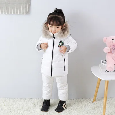 Детская одежда, брендовые зимние куртки для мальчиков 2-8 лет, комплект из двух предметов, теплая меховая верхняя одежда+ штаны, лыжный костюм - Цвет: Белый