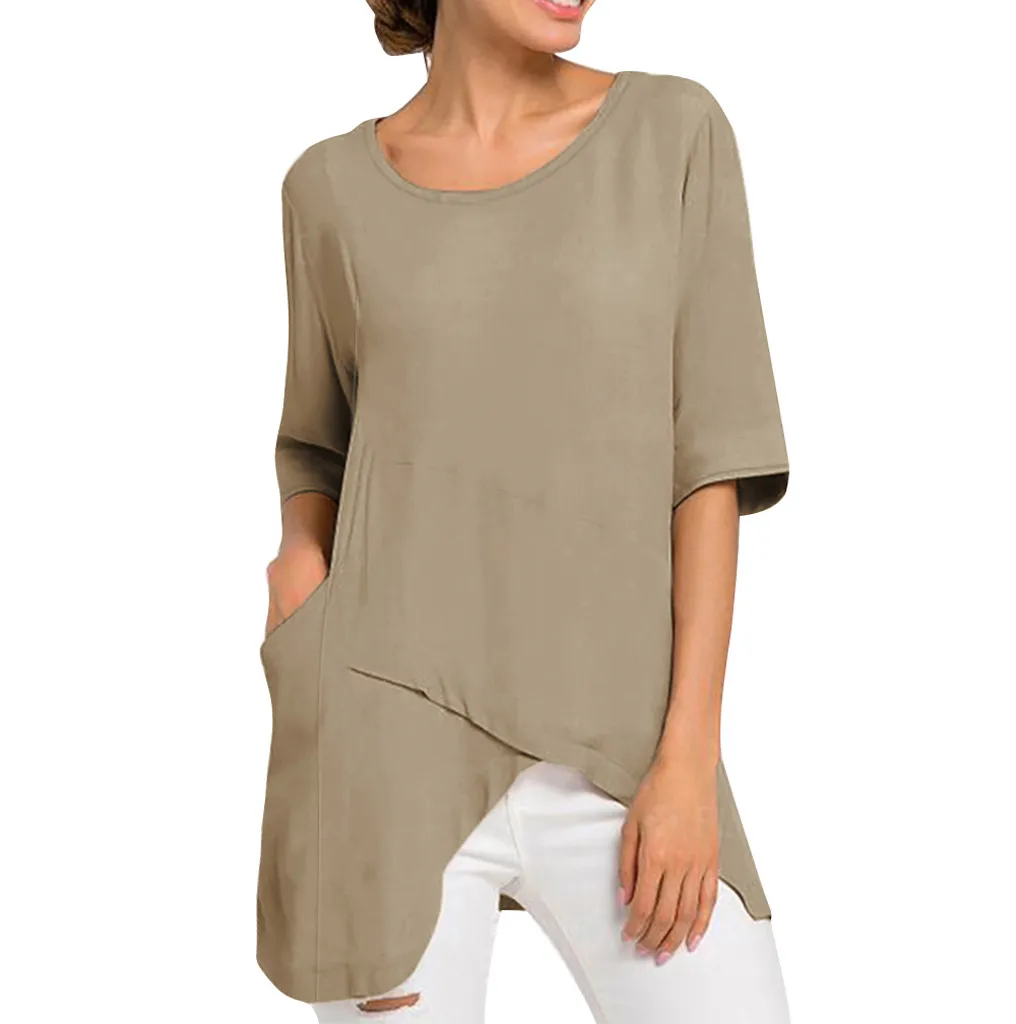 

Women Ladies Summer Spring Fashion Blouse O-Neck Pure Color Half Sleeve Shirts Woman Casual Irregular Tops Clothing Large Size