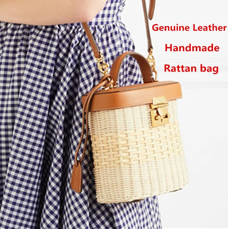 

2019 new cowhide rattan woven bag hand-woven bag high-grade imported rattan woven with leather travel banquet fashion women's