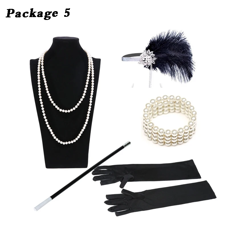 

1920S 20S GATSBY CHARLESTON FLAPPER FANCY DRESS ACCESSORIES feather headband COSTUME KIT Cigarette holder gloves pearl necklace