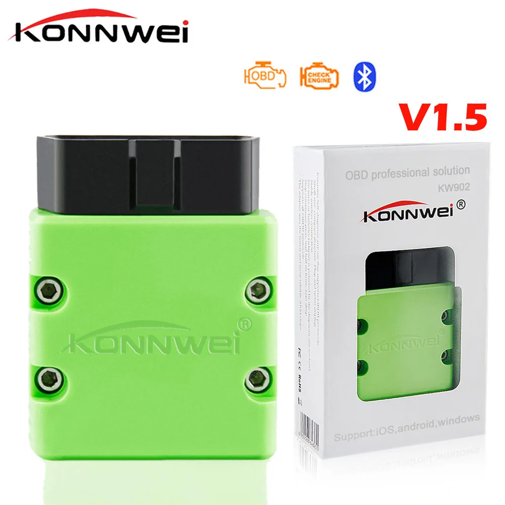 KONNWEI KW902 Bluetooth ELM327 V1.5 чип PIC18f25k80 OBD2 сканер ELM 327 OBDII считыватель кода для телефона