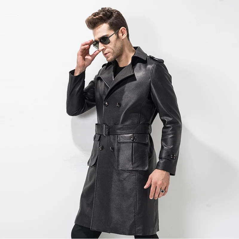 Men's Leather Trench Coat Mens Belted Long Cow Leather Coat Black Biker ...