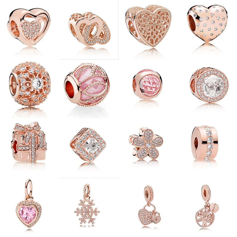 

Rose Gold Style Authentic 925 Sterling Silver Clear Hearts Butterfly Charm bead Fit pandora bracelet Pendant Charm DIY Jewelry
