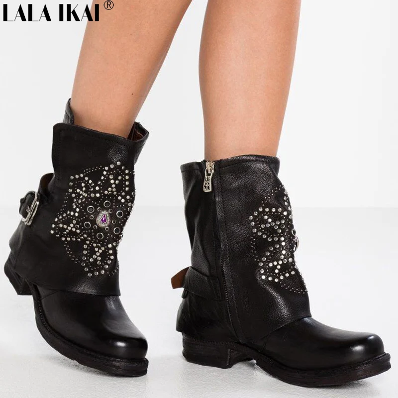 

LALA IKAI Women Boots Autumn Buckle Ankle Boots Round Toe Square Heels PU Leather Shoes Zipper Ladies Boots XWC2623-5
