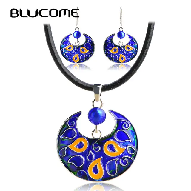 Blucome Vintage Bull Shape Necklace Earrings Set Black Rope Chain Blucome Vintage Bull Shape Necklace Earrings Set Black Rope Chain Pendant Blue Enamel Drop Women