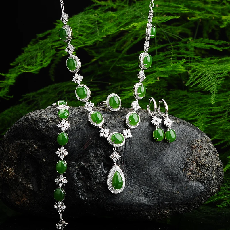 Natural yu necklace earrings bracelet jade jewelry set bride wedding