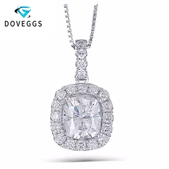 

DovEggs 14K White Gold 1.64CTW 6*7mm F Color Clear Cushion Cut Moissanite Halo Pendant Necklaces with Accents for Women