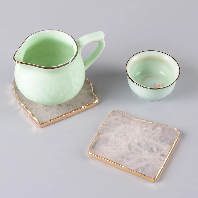 

Irregular square Gems Crafts Pad Rock Quartz Shape slice Natural Stone Electroplated gold Edge Coaster Cup Beverage Holder Mat