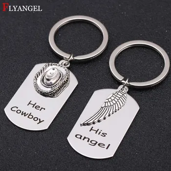 

Engrave Her cowboy His angel Hand Stamped Keychain Set With Cowboy Hat And Angel Wing Charms Keyring For Couples Men Women Gift