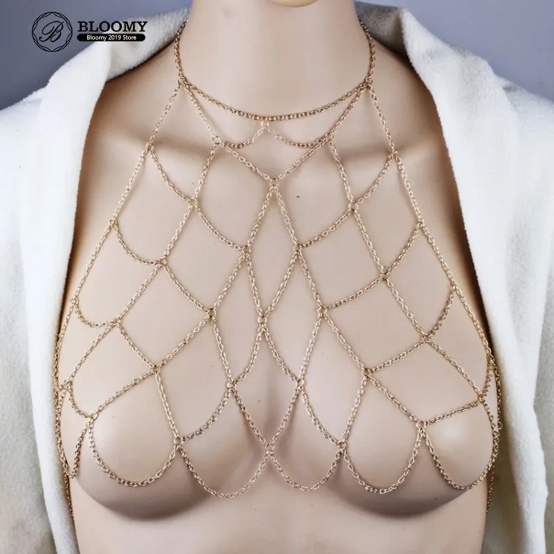 

Sexy Bra Necklace Handmade Geometric Mesh Body Chain Strap Chest Chain Hollow Out New Chain Necklace Bikini for Valentine Gift
