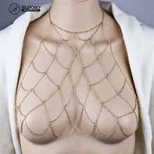 Sexy Bra Necklace Handmade Geometric Mesh Body Chain Strap Chest Chain Hollow Out New Chain Necklace Bikini for Valentine Gift round geometric cut out arm chain