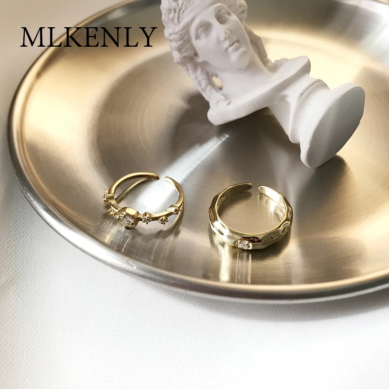 

MLKENLY Gold color 925 sterling silver open rings for women cubic zirconia crystal twinned trunks texture jewelry trend finger