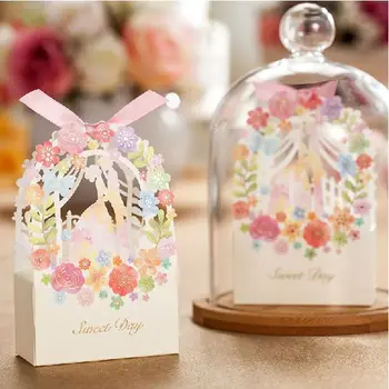 

50pcs/lot romantic wedding favor bride and groom candy box flower gift box party decoration Country style wreath candy box