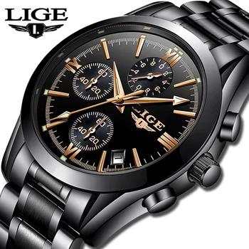 LIGE Mens Watches Top Brand Luxury Fashion Business Quartz Watch Men Sports Full Steel Waterproof Black Clock Relogio Masculino benyar men watch top brand luxury full steel business clock quartz watch men casual waterproof sports watches relogio masculino