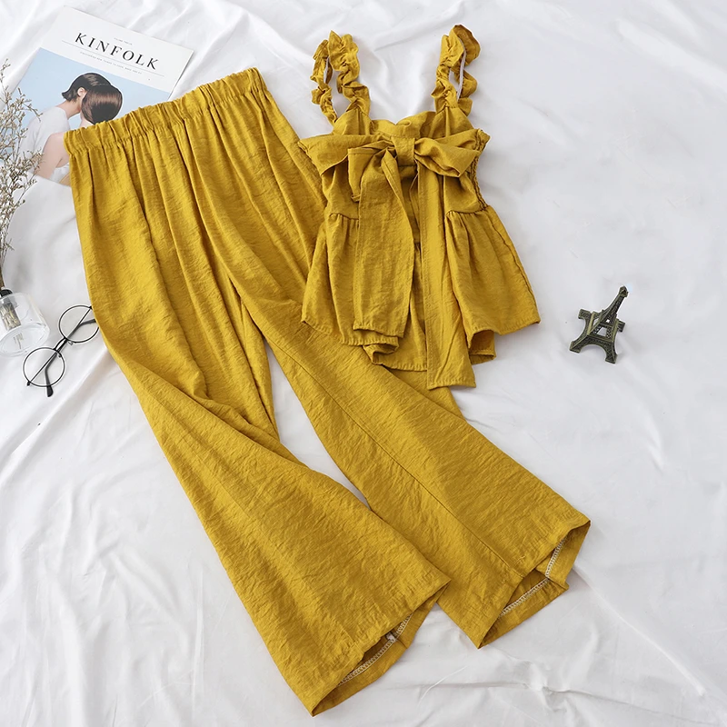

Taotrees Pure Colored Bow Strap Vest + Loose Casual Wide-legged Pants 2 Piece Set Women