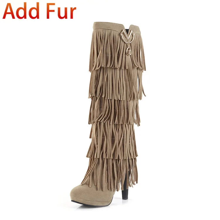 LAPOLAKA/ г. Большие размеры 32-43, модные зимние сапоги с бахромой Модная стильная женская обувь на высоком каблуке женские сапоги до колена - Цвет: beige add fur