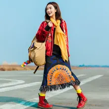 LYNETTE’S CHINOISERIE 2017 spring embroidery tassel denim skirt original design national trend female bust skirt