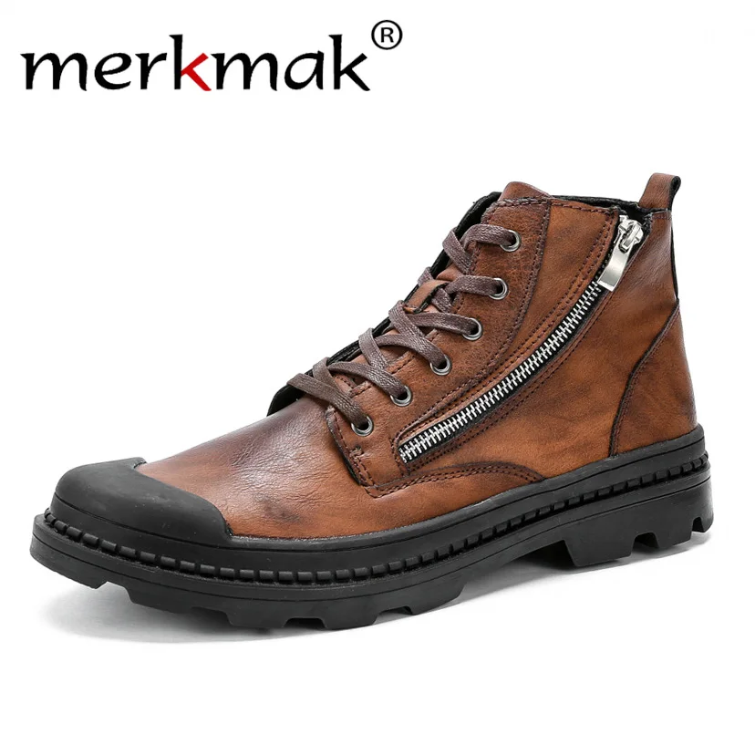 Achat Merkmak PU En Cuir Hommes Cheville Bottes Mode Bottes de Neige Bottes Pour Hommes Zipper Hommes Homme Noir Brun Dentelle Up chaussures Pour L automne Hiver